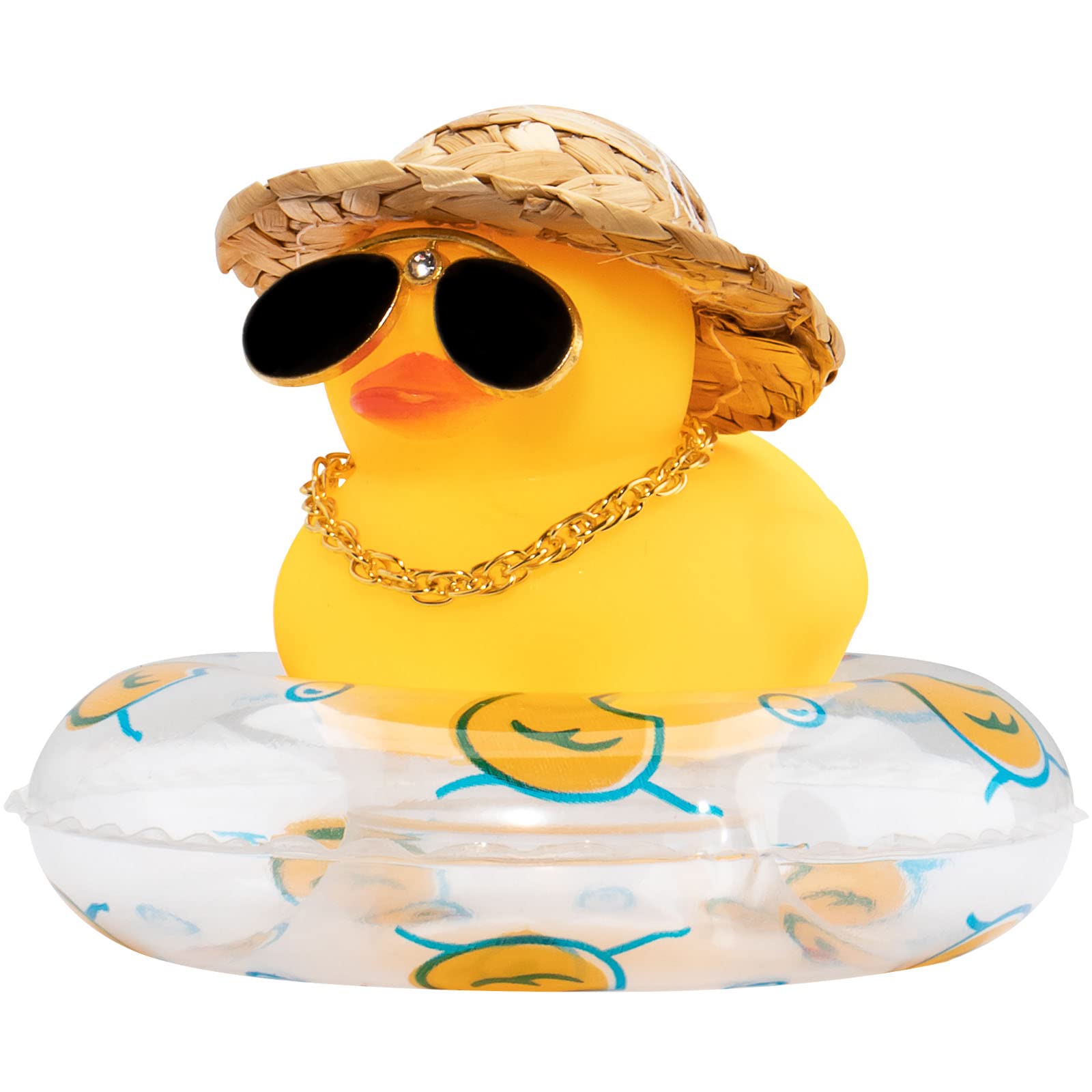 wonuu Swim Ring Rubber Ducks with Mini Diamond Glasses Hat Necklace for Cars Dashboard Decorations Car Accessories Toy Duck Car Ornament, Bow Hat Blue-Clear Swim Ring