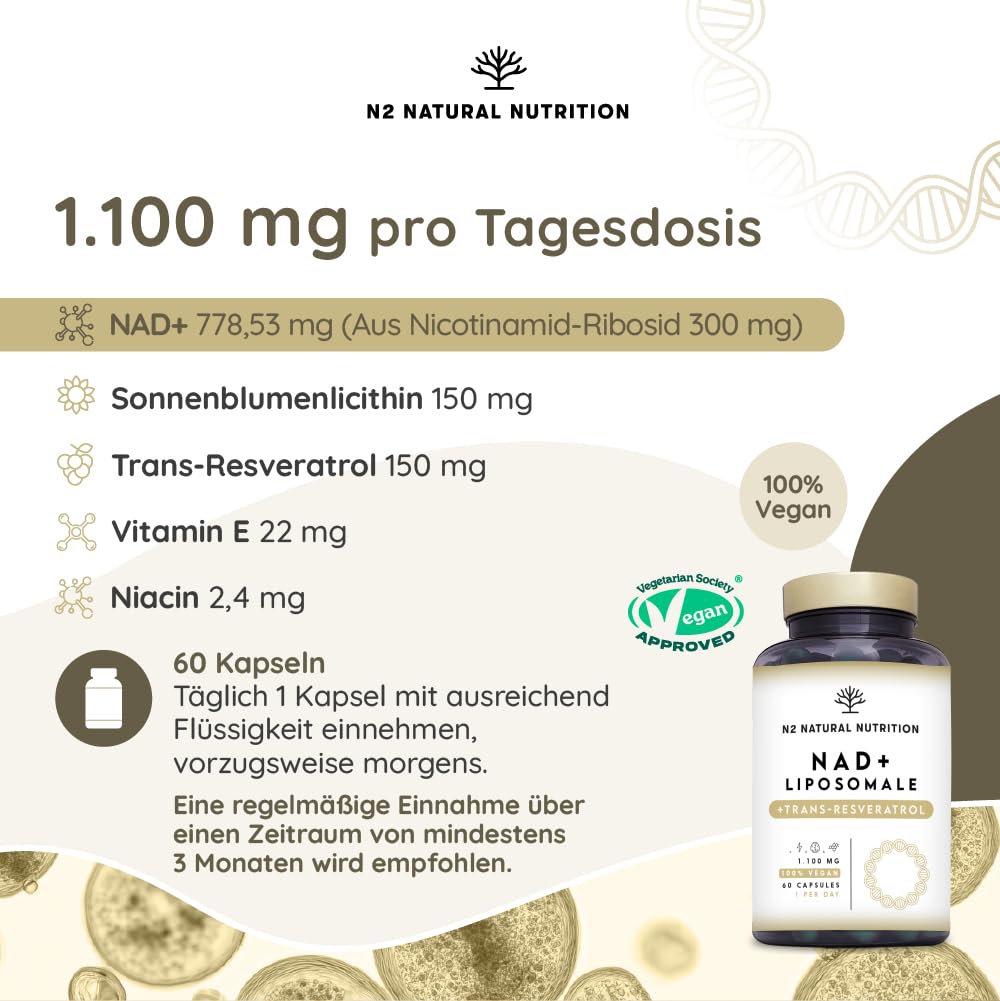 NAD Plus Resveratrol Kapseln 1100mg. Liposomal formel mit Nicotinamide Riboside, Niacin und Vitamin E. N2 Natural Nutrition