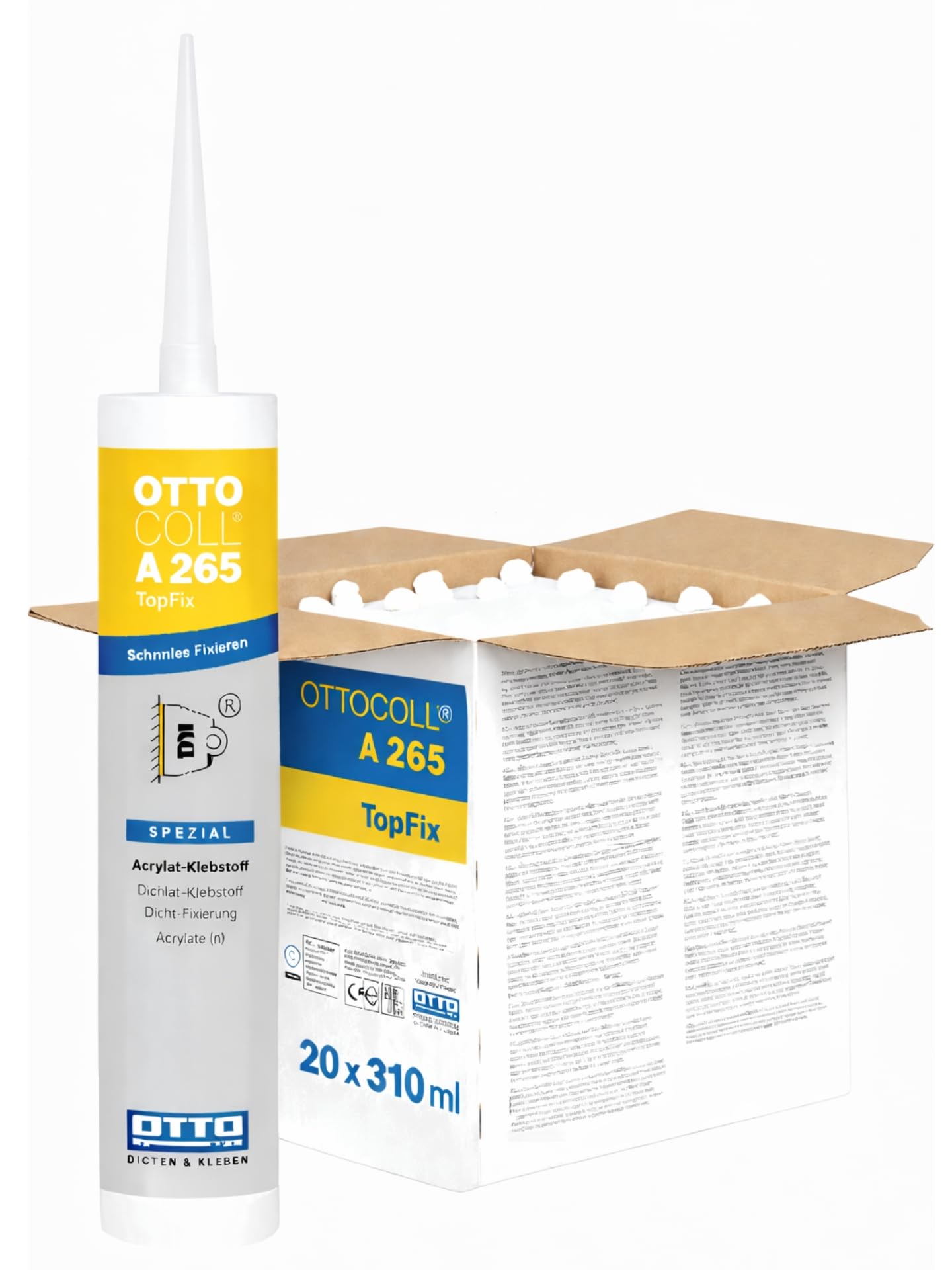 OTTO COLL A265 TopFix 20 x 310 ml Blanco Perla Adhesivo de fijación Pegamento de montaje Pegamento para madera, plástico, metal y poliestireno