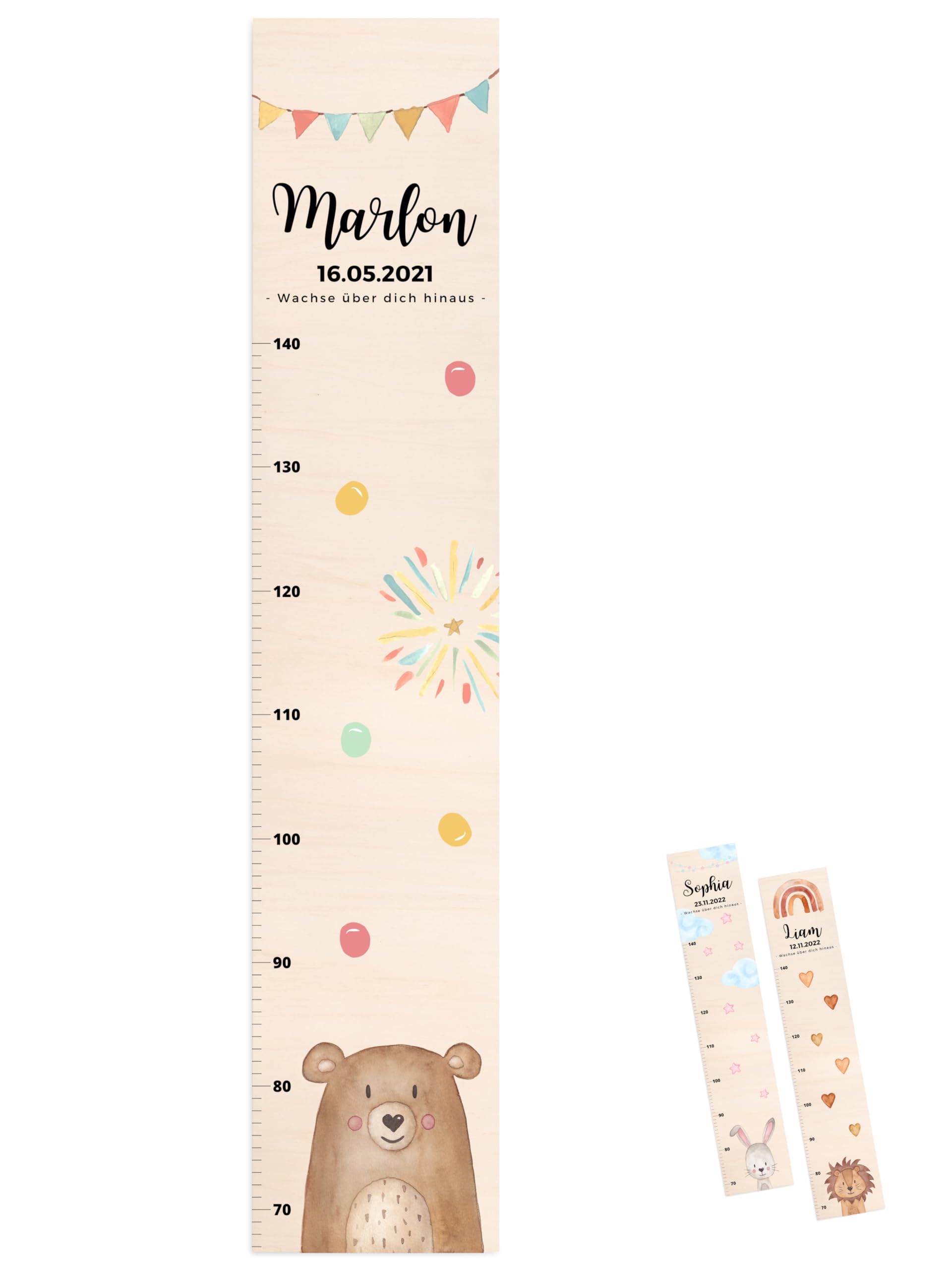 wunderwunsch® - Personalisierte Messlatte Kind Holz zum Kleben oder Aufhängen - Skala 70-140cm - Süße Dekoration für Baby- & Kleinkinderzimmer (Bär)