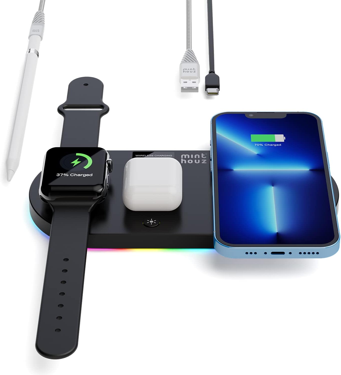 Minthouz Wi-fi Charger,15W 4-in-1 Quick Charging Station for Good Cellphone/iWatch/TWS Earphones,Suitable with with iPhone 15/14/13/12/11/X/8 Sequence,SamsungS22/S21/S21+(with USB C Cable)