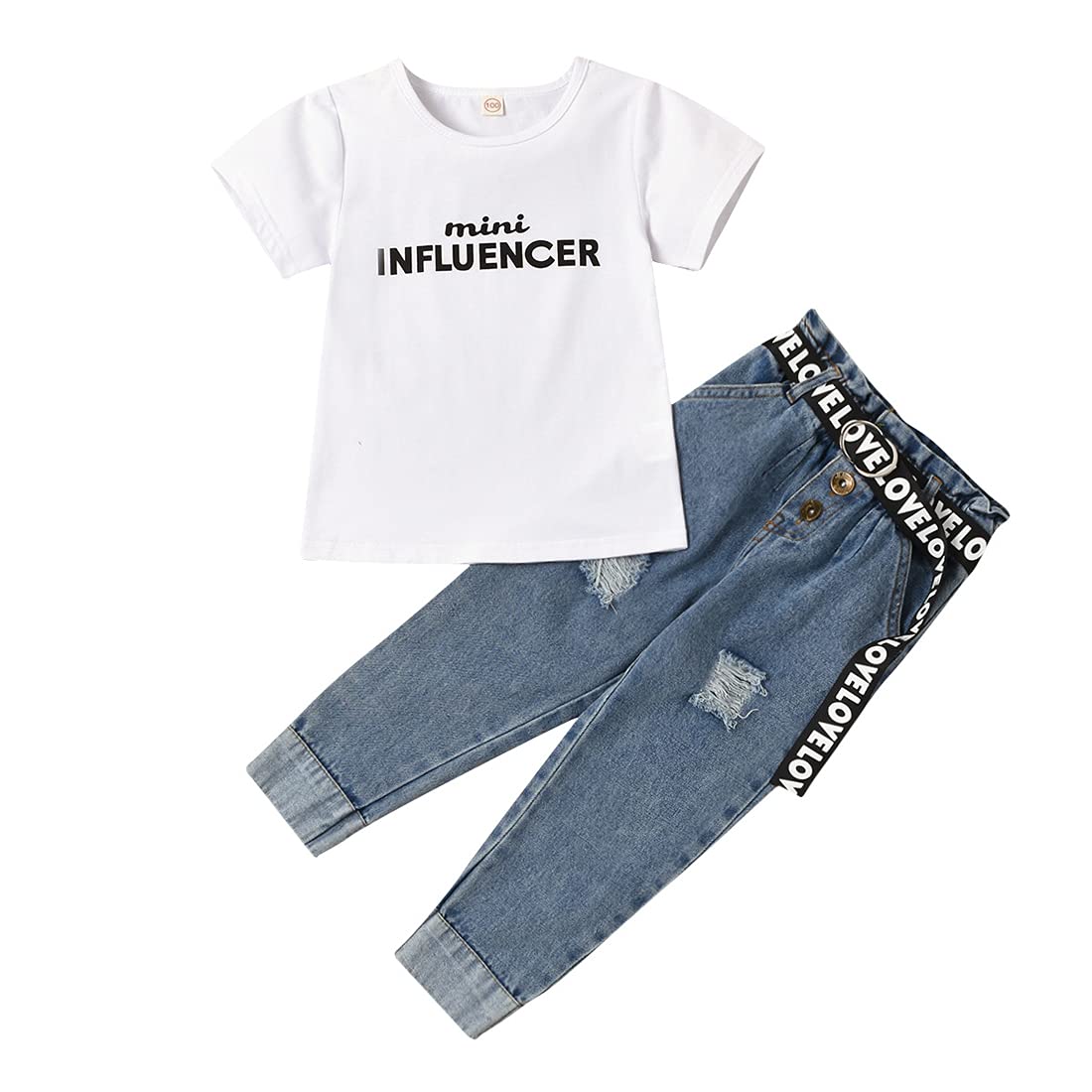Verve Jelly Camiseta de manga corta con estampado de letras para niños pequeños y bebés, pantalones vaqueros rasgados con cinturón, 2 uds., trajes de ropa de primavera y verano