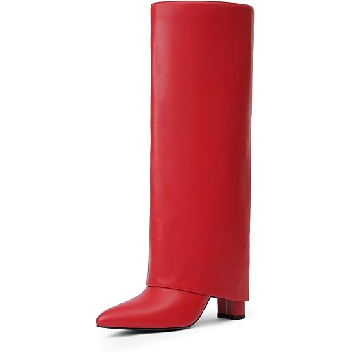 Modatope Knee High Boots Women Fold Over Knee High Boots Chunky High Heels Long Boots Zipper Pointed Toe Dress Tall Boots for Women