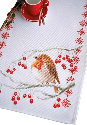 Vervaco Kits de bordado de punto de cruz, camino de mesa de bricolaje, mantel para bordar con imagen bordada en diseño moderno, algodón e hilo de