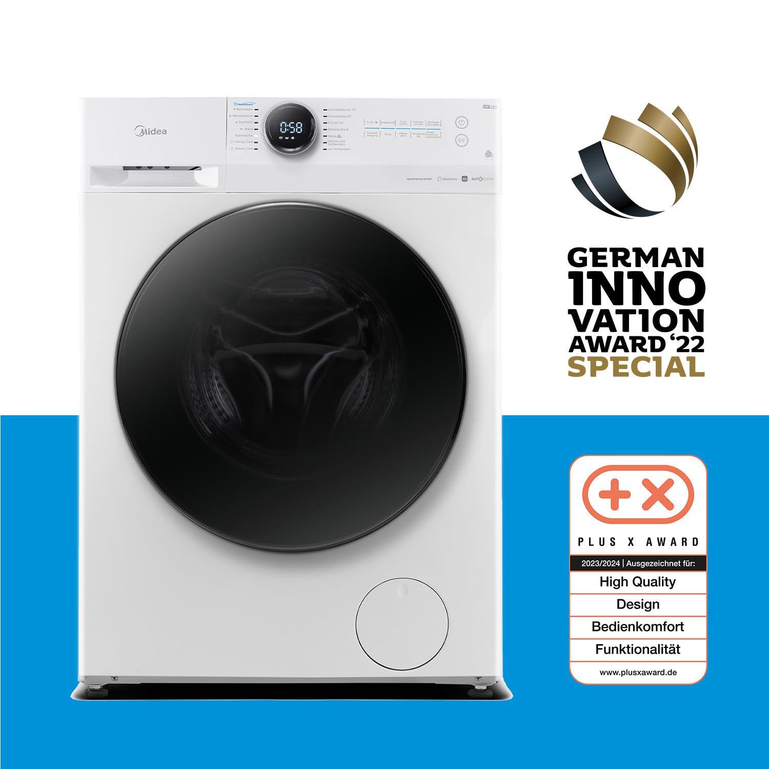 Midea MF200W80WB-14AS Waschmaschine 8KG 48 cm tief Energieeffizienzklasse A Steam Care Nachlegefunktion 1400 U/min Turbo Wash APP-Steuerung AquaStop