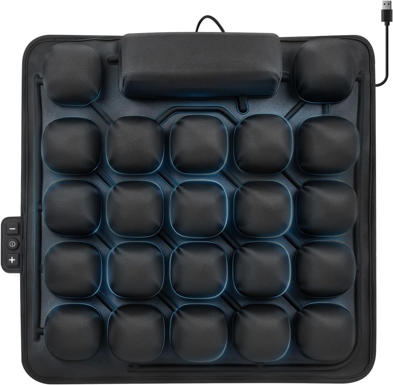 Automatic Inflatable Wheelchair Cushion with Air Cell Massage | TPU + Lycra, USB Powered, Breathable Surface, Non-slip Bottom, Black, 17.7x17.7 inch, Alternating Air Cell