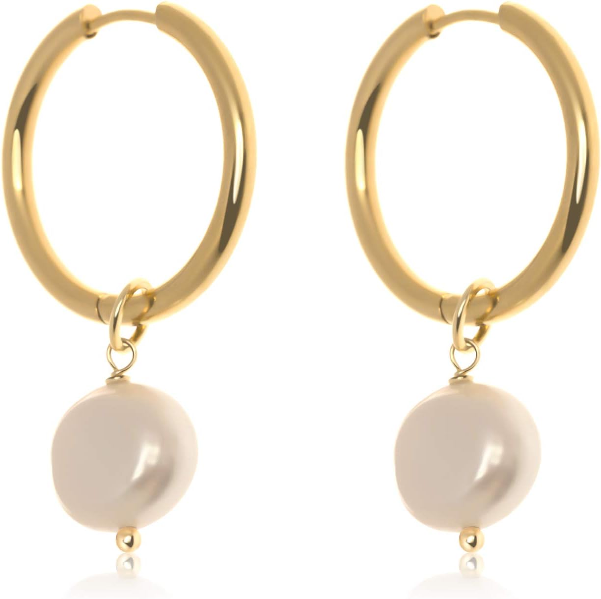 InzheGFreshwater Pearl Gold Hoop Earrings 18K Gold plated Hypoallergenic Huggie Drop Dangle Earrings Circle Lightweight Dainty Jewelry for Women Girls…