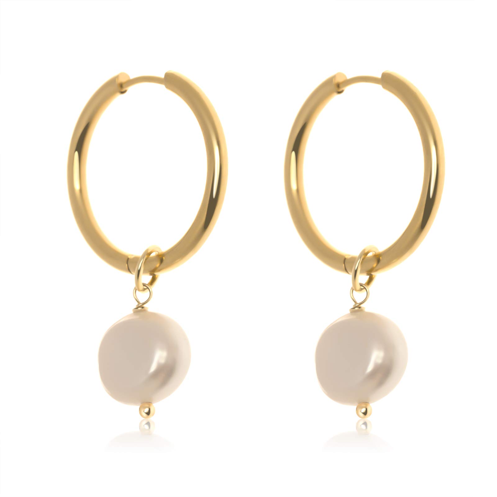 InzheGFreshwater Pearl Gold Hoop Earrings 18K Gold plated Hypoallergenic Huggie Drop Dangle Earrings Circle Lightweight Dainty Jewelry for Women Girls…
