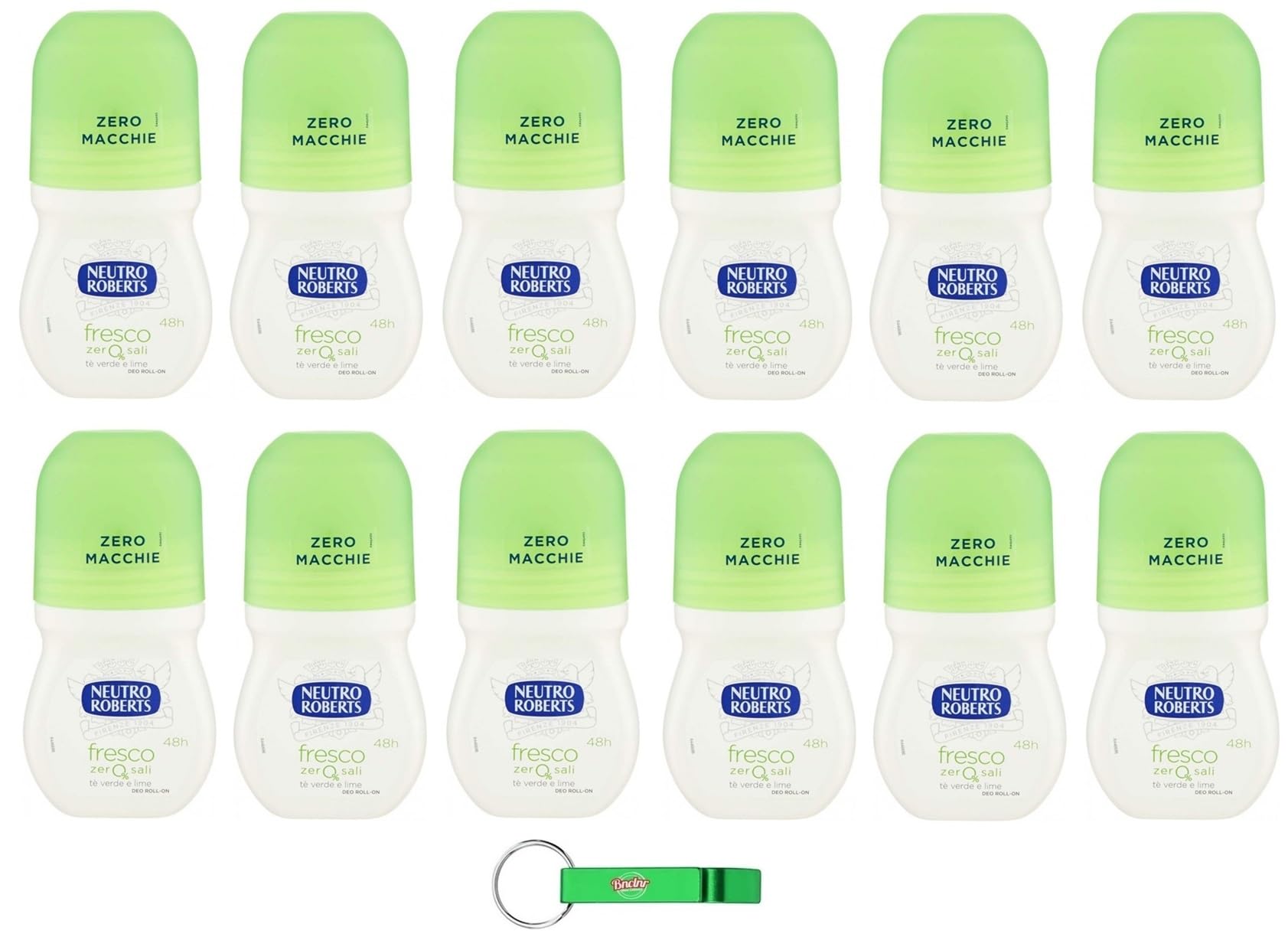 12x Neutro Roberts, Deodorante Roll On Fresco, Ohne Aluminiumsalze, Keine Flecken,Duft aus Grüner Tee und Limette, Deodorant Unisex,50ml + Beni Culinari Kostenloser Schlüsselanhänger