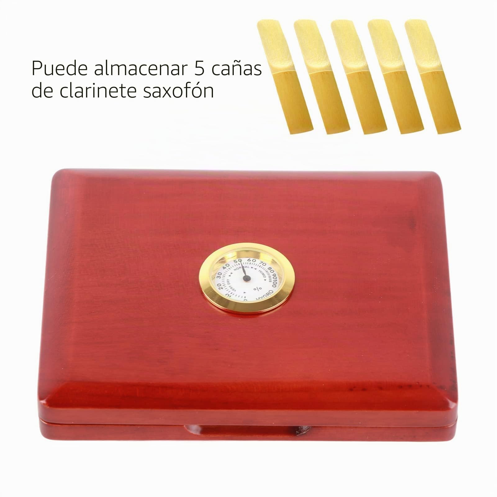Estuche de Cañas para Clarinete Saxofón de Madera Maciza con Higrómetro, Goma e Interruptor Magnético para 5 Cañas (ámbar)