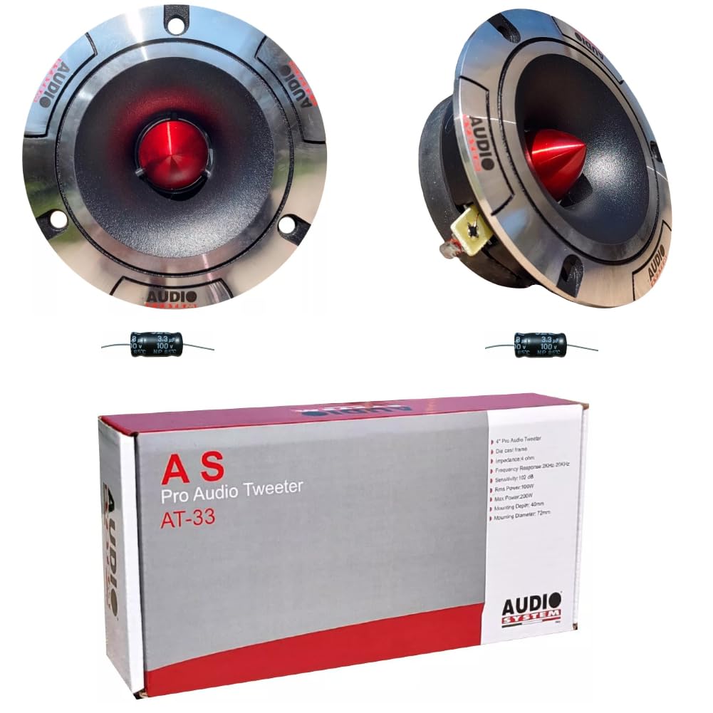 KIT SET PER AUDIO SYSTEM AT33 AT-33 2 tweeter ultra slim, da 100 watt rms e 200 watt max, da 9,7 cm di diametro, 102 db, con ridotta profondità di 4 cm, a coppia + condensatori omaggio