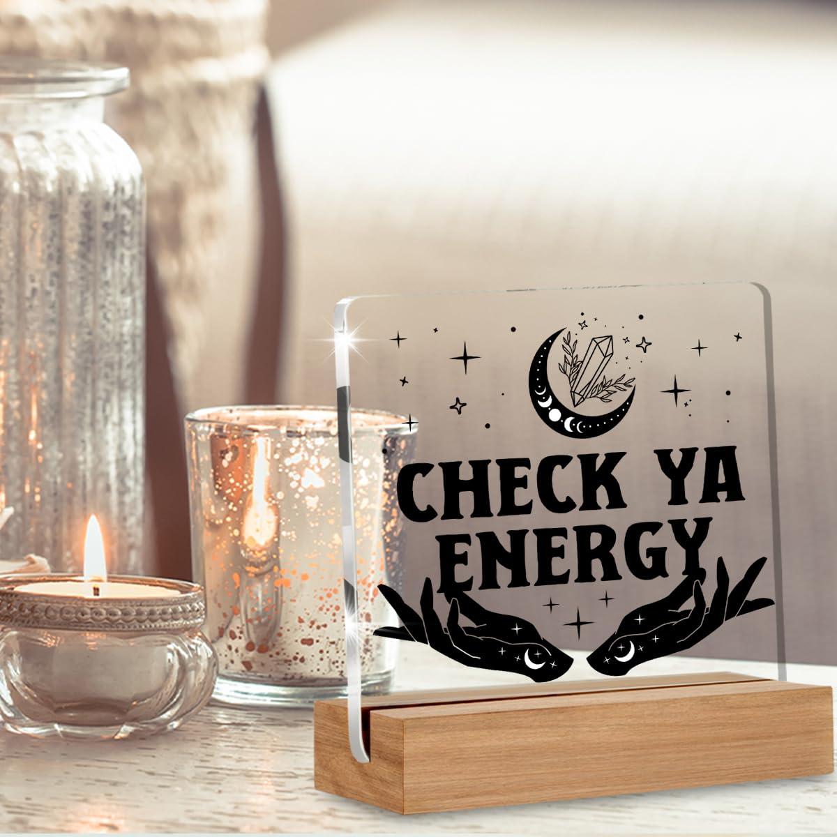 Witchy Gifts for Women Men, Spiritual Witch Gifts, Check Ya Energy Witchy Desk Decor Acrylic Plaque for Home Office Room