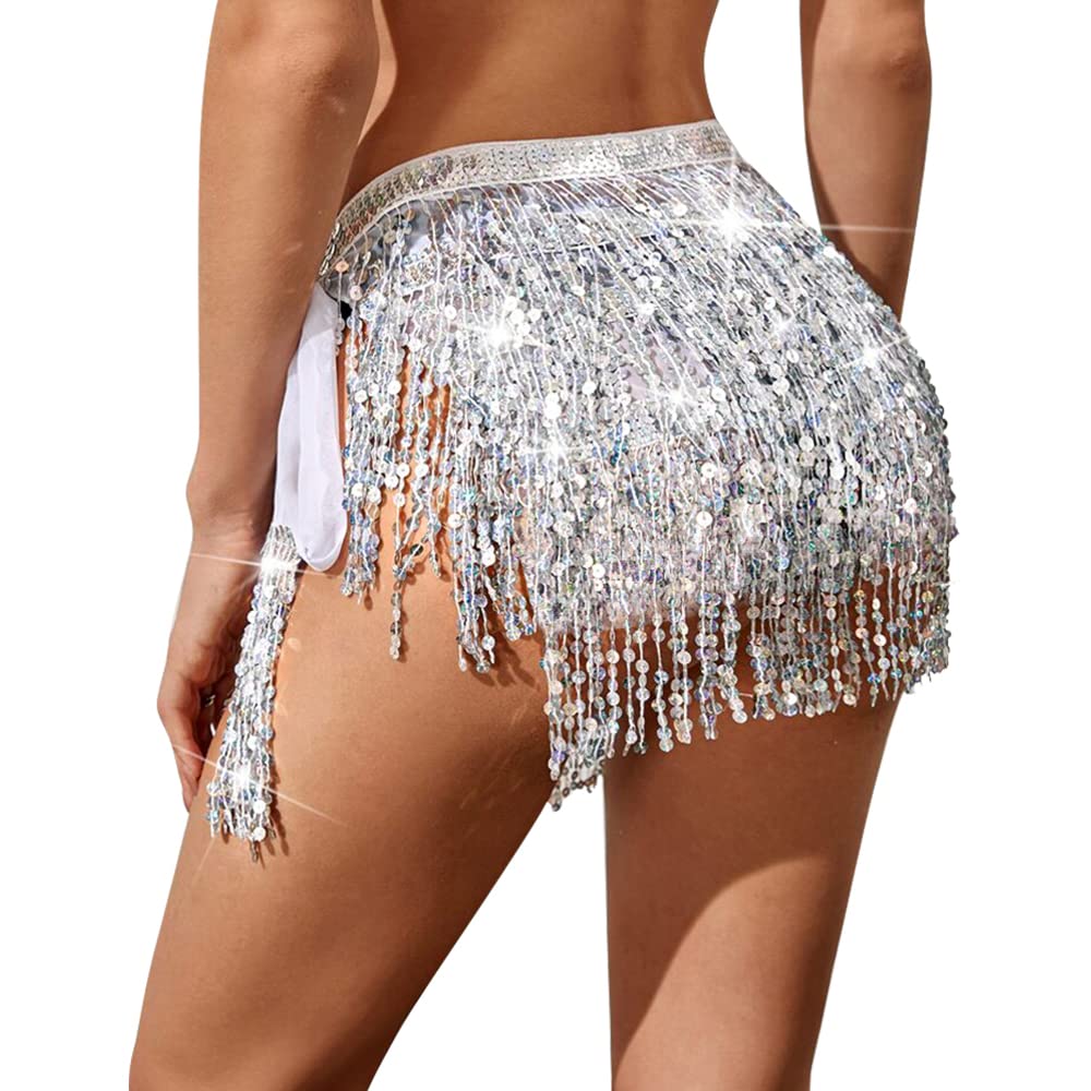 Soudittur Sequin Skirt for Women Fringe Skirt Multilayer Sparkly Skirt Party Dance Performance Costume Rave Skirt (Silver)