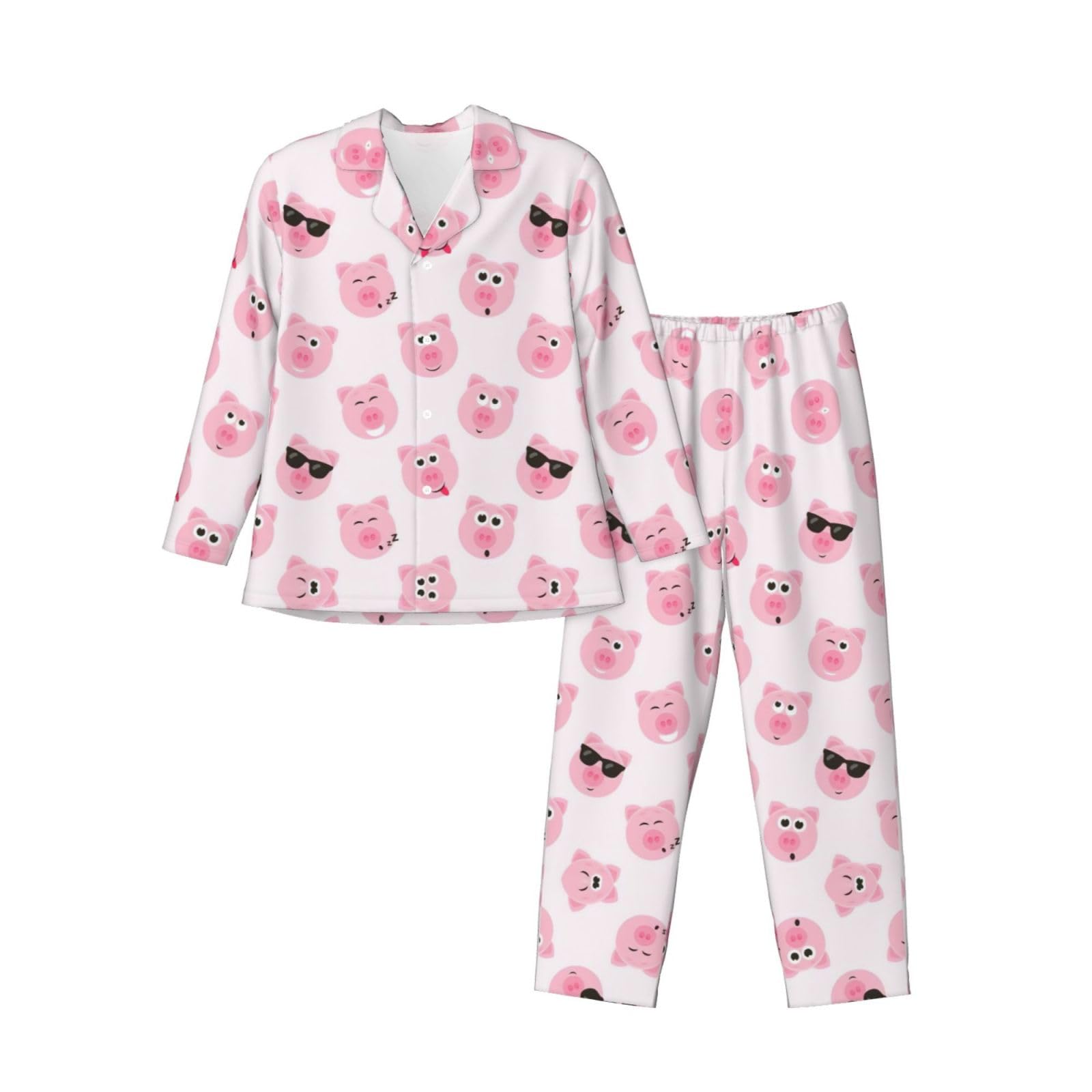 Conjunto de pijama divertido con estampado de cara de cerdo rosa para hombre, pijama suave de manga larga con botones y bolsillos