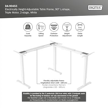 DIGITUS Electric Height Adjustable Table Frame, Grey, 124-208 cm