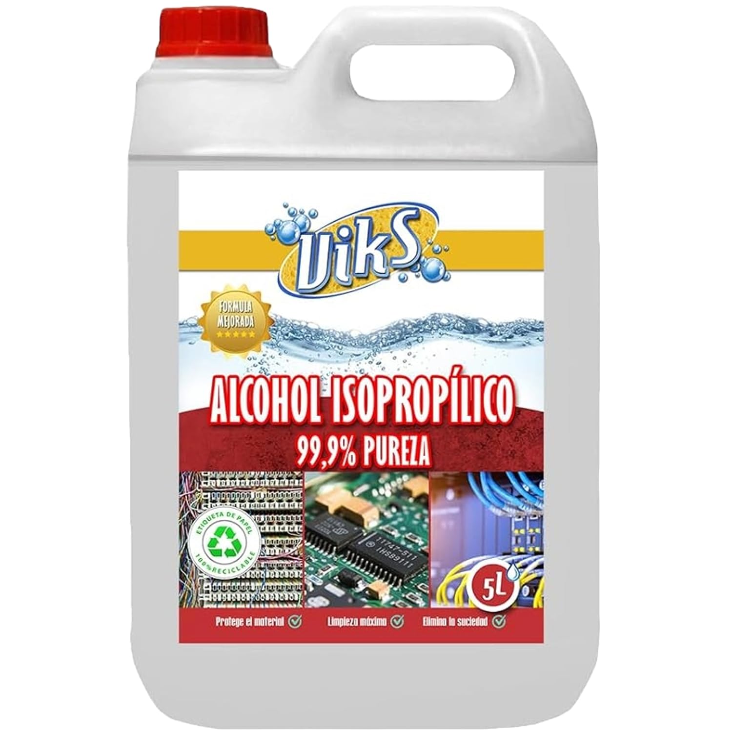 Viks | ALCOHOL ISOPROPÍLICO 99,99% PURO | Limpiador componentes electronicos | Limpiador de Impresoras 3D, Objetivos y Pantallas | Etiquetado Ecológico | Isopropanol | isopropyl alcohol (5L)