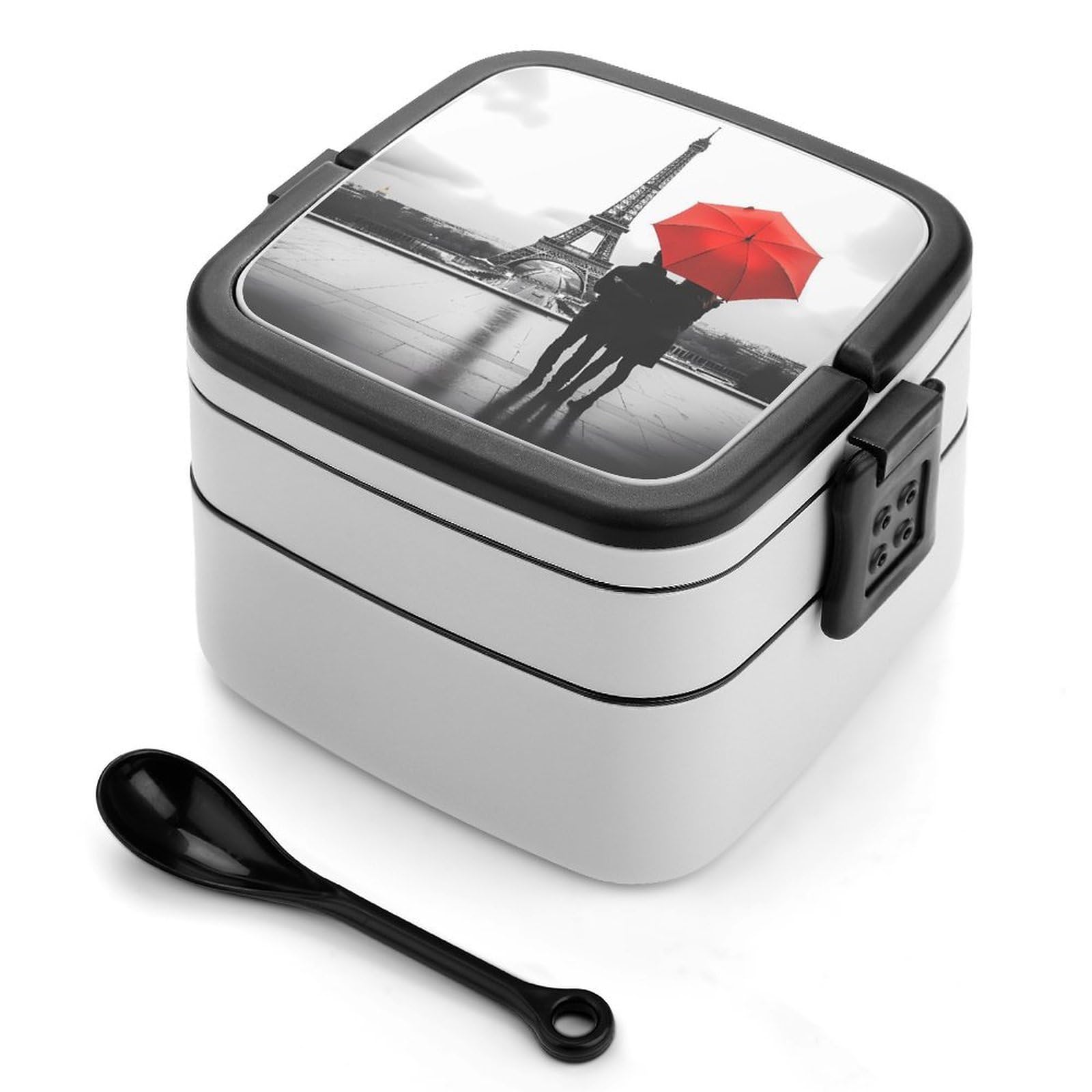 CGSBNGHA Black And White Paris Eiffel Tower Bento Lunch Box 2 Layer Lunchbox Food Container for Adults Office