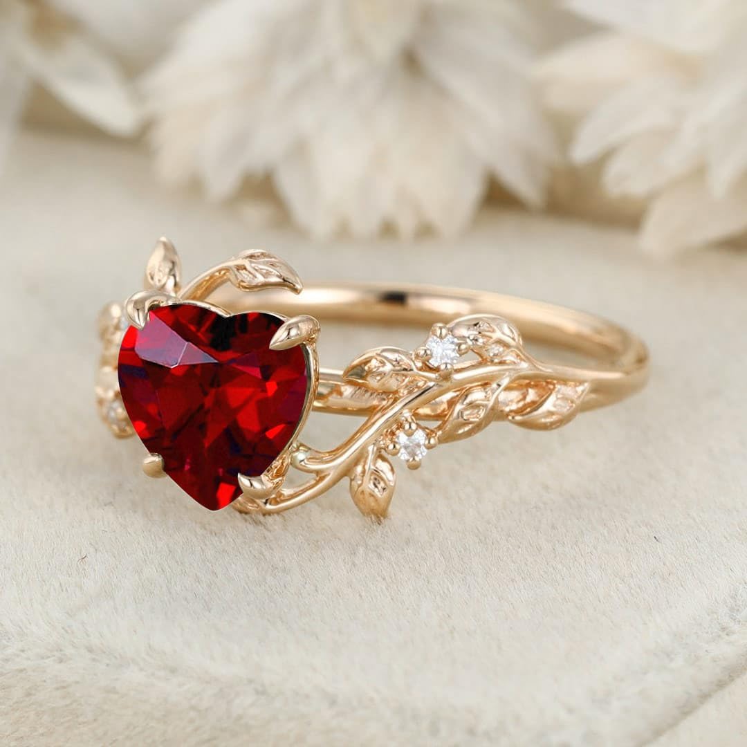 10K/14K/18K Solid Gold 1 Carat Heart Gemstone Vintage Engagement Ring for Women Nature Inspired Birthstone Leaf Vine Art Deco Wedding Promise Anniversary Rings for Her Wife Bridal Size 4~12