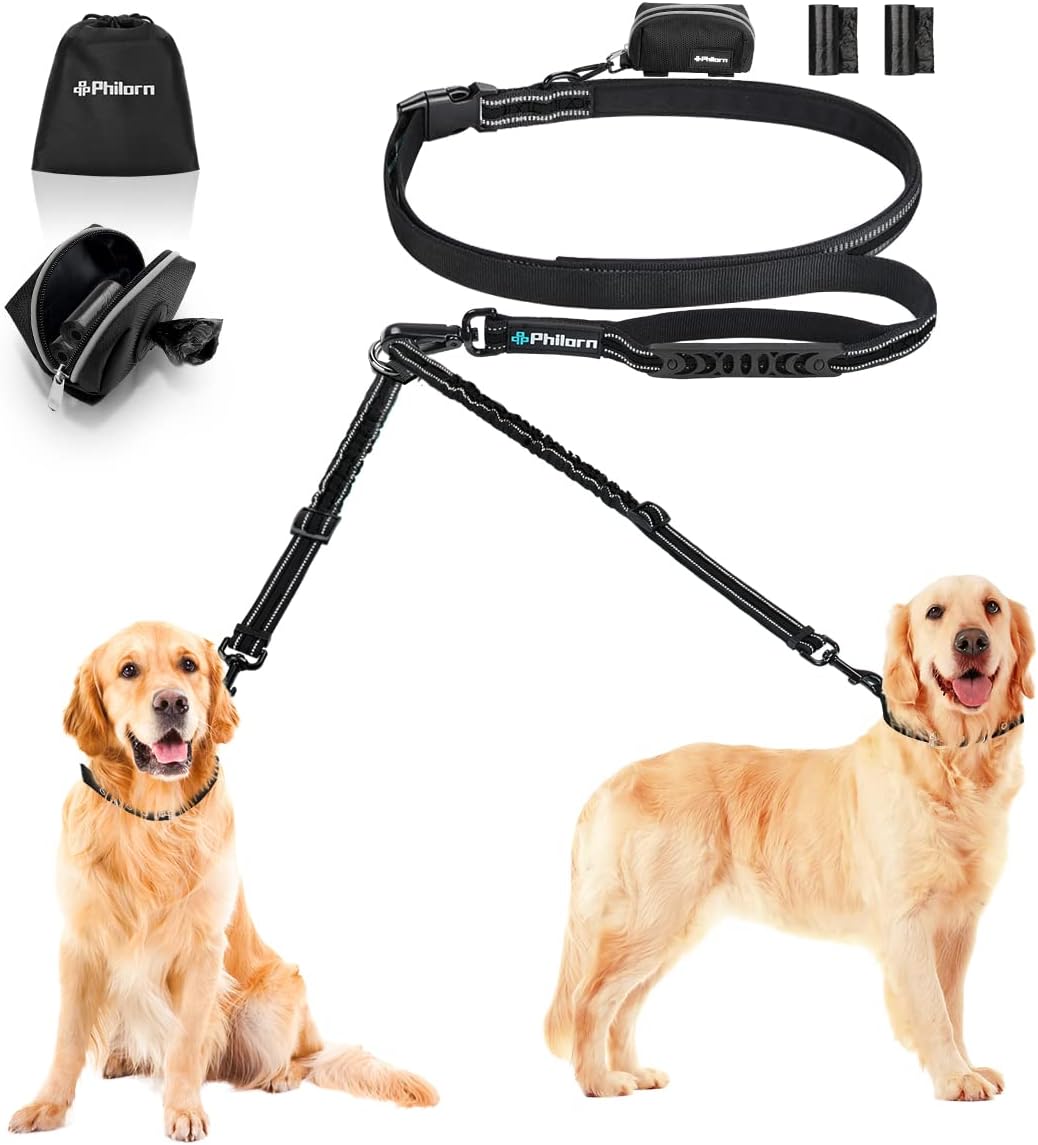 PHILORN Hands-Free Double Dog Leash 110lbs Comfortable Shock Absorbing Reflective Bungee for 2 Dogs Walking Training 66-84 inch Adjustable No Tangle Dual Dog Leash with Pouch 2 Handles, Black