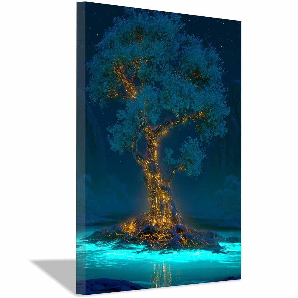 XENIOU Landscape Wall Art Luxury gold Teals tree canvas painting wall art, Living Room Bedroom Hallway Stairs Decoration.(Multicolor)-70x100cm Framed