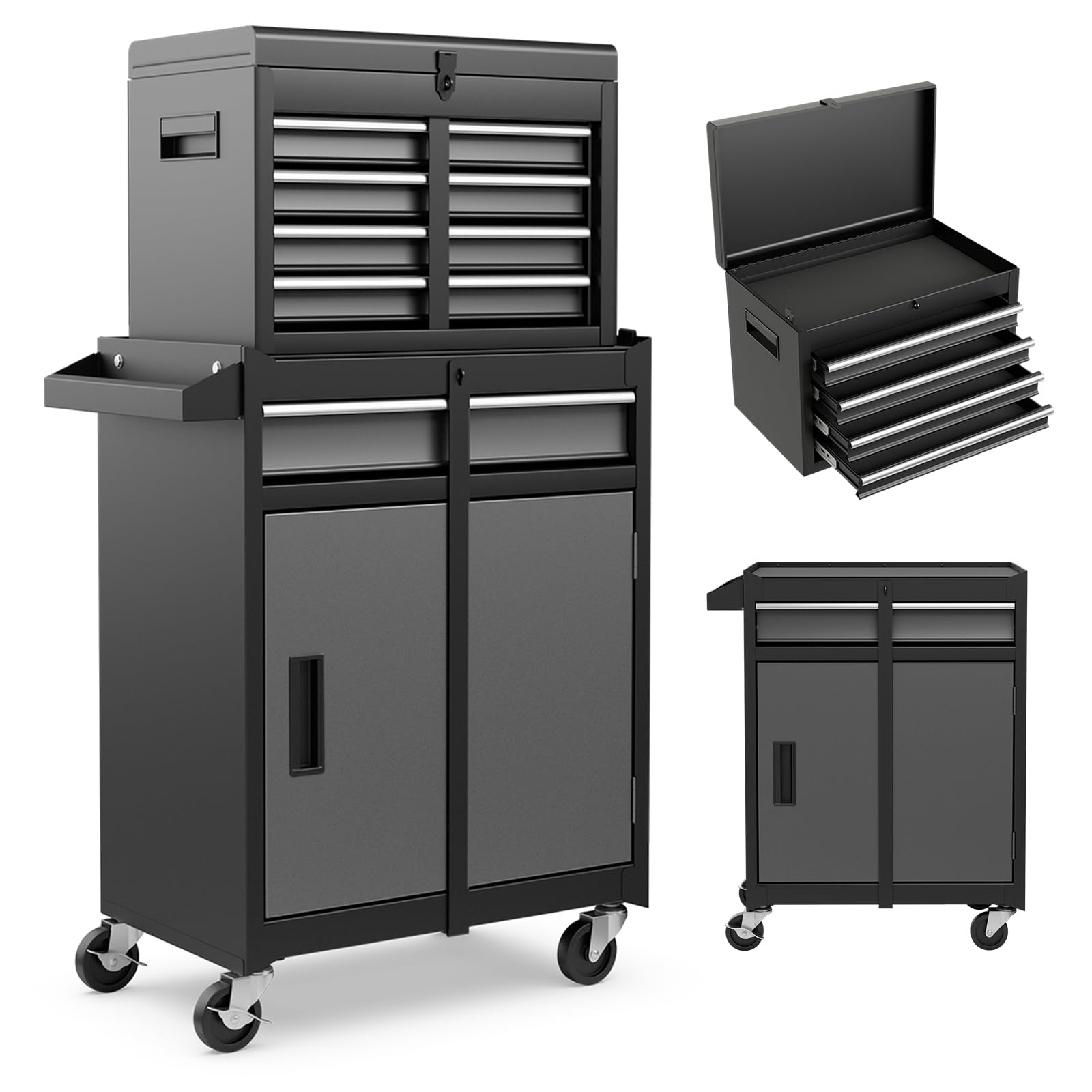 HOMFME Rolling Tool Cabinet, 2 in 1 Detachable Tool Chest with Drawers, Wheels, Hooks, Side Handle, Lockable Metal Tool Box Cart Trolley for Garage Workshop (Black+Grey)