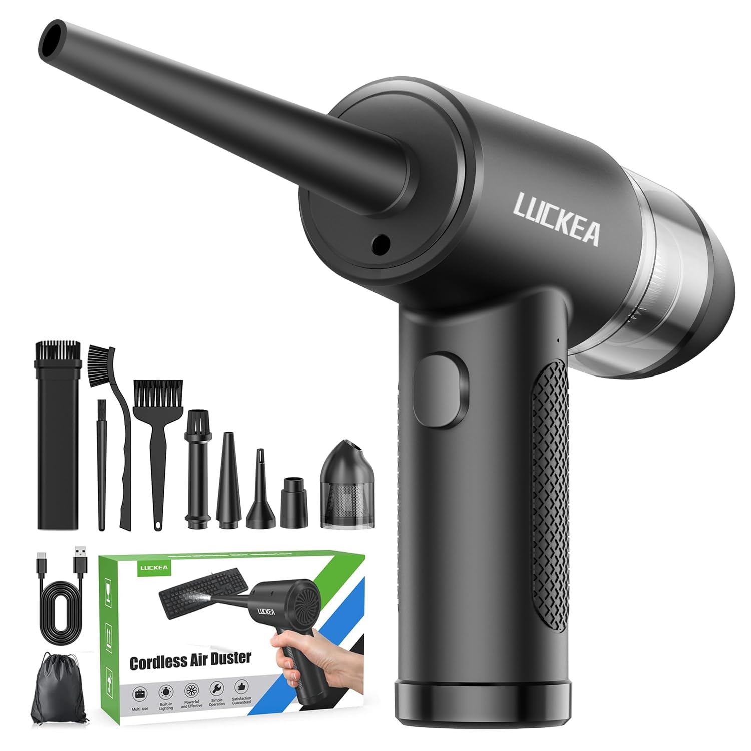 Elektrische Staubgebläse Druckluftspray für PC Reinigung - 3-Gang Air Duster mit 6000 mAh Akku, 5 Blasdüsen 2 Vakuumdüsen, 3 Antistatikbürsten, Compressed Air Luftdruckspray für Elektronik Sofa Auto