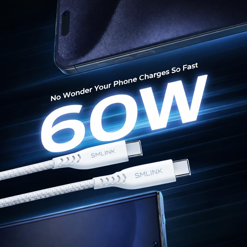 PD60W - Cavo da USB C a USB C, 1,5 m, in nylon intrecciato, ricarica rapida e trasferimento dati ad alta velocità, compatibile con iPhone 17/16/15, serie laptop, colore: bianco