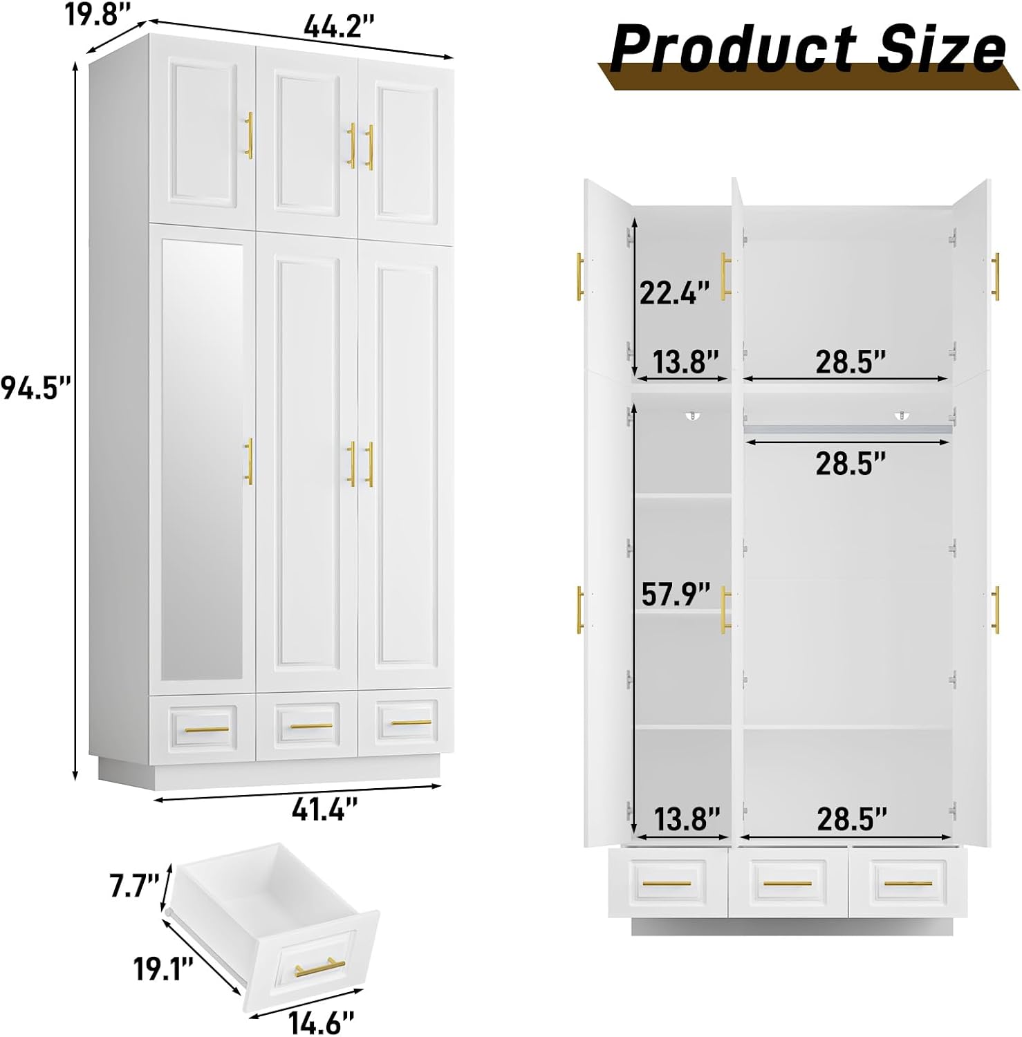 Hlivelood Large Armoire Wardrobe Closet Cabinet with Drawers and LED Lights, Multi-Tier Shelves, Hanging Rod, Large Capacity Storage 3 Door Wardrobe Armoire with Top Cabinet for Bedroom, White