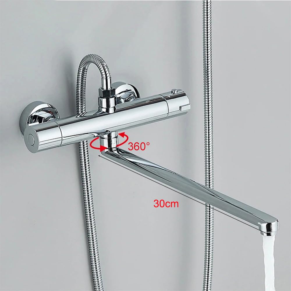 HomeLava Grifo termostático con ducha de mano, grifo mezclador de ducha, termostato con botón de seguridad de 38 °C, juego de ducha para ducha y bañera, cromado
