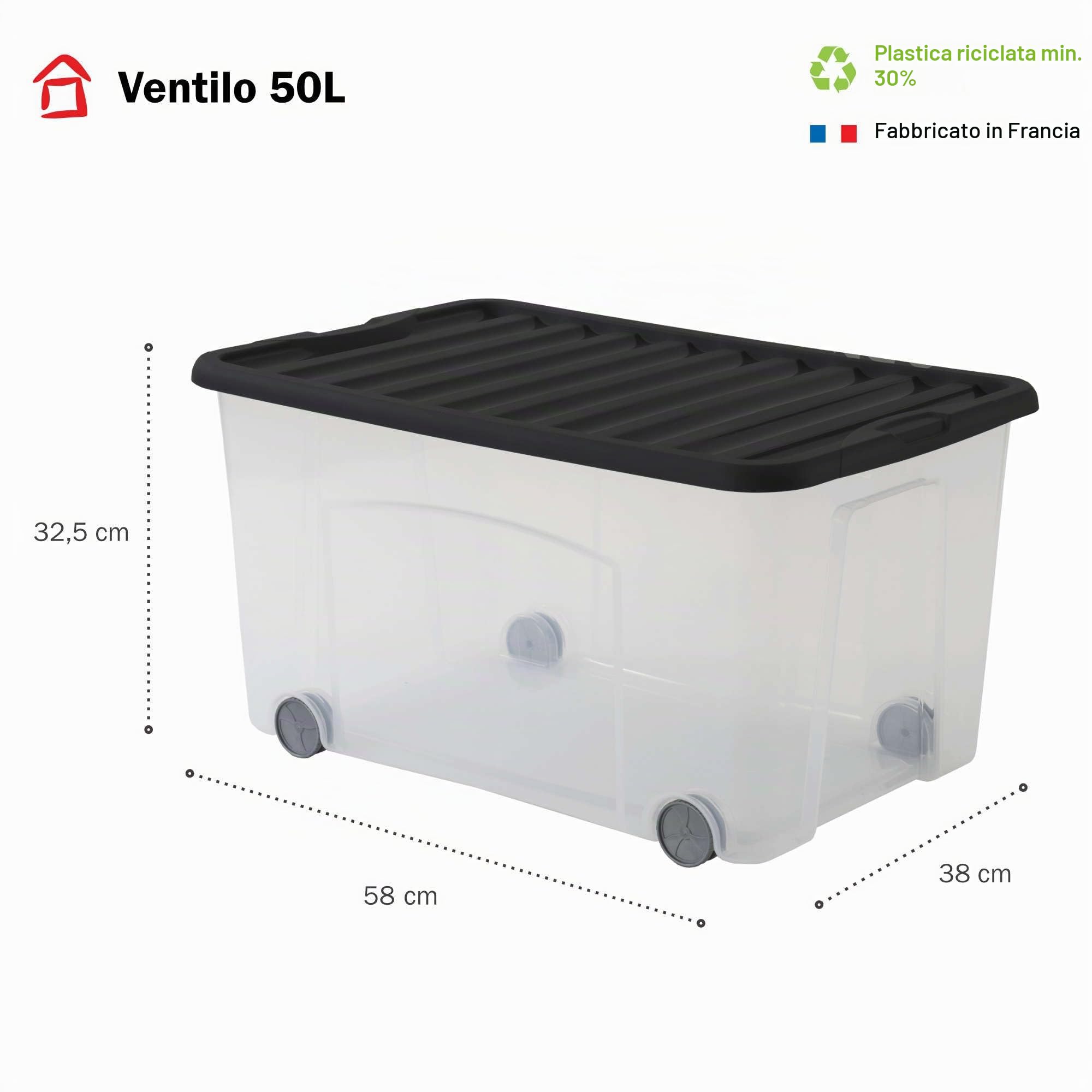 SUNDIS Ventilo, 3 scatole portaoggetti 50L, coperchio nero, ruote | Plastica trasparente, impilabile, ideale per camerette, giocattoli, ufficio, lavanderia