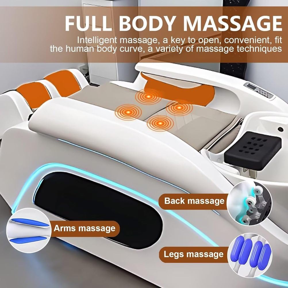 Professionelle Salon-Kopf-Spa-Ausstattung: Shampoo-Liege mit Ganzkörpermassage, Wasserfall und Lichtstreifen.