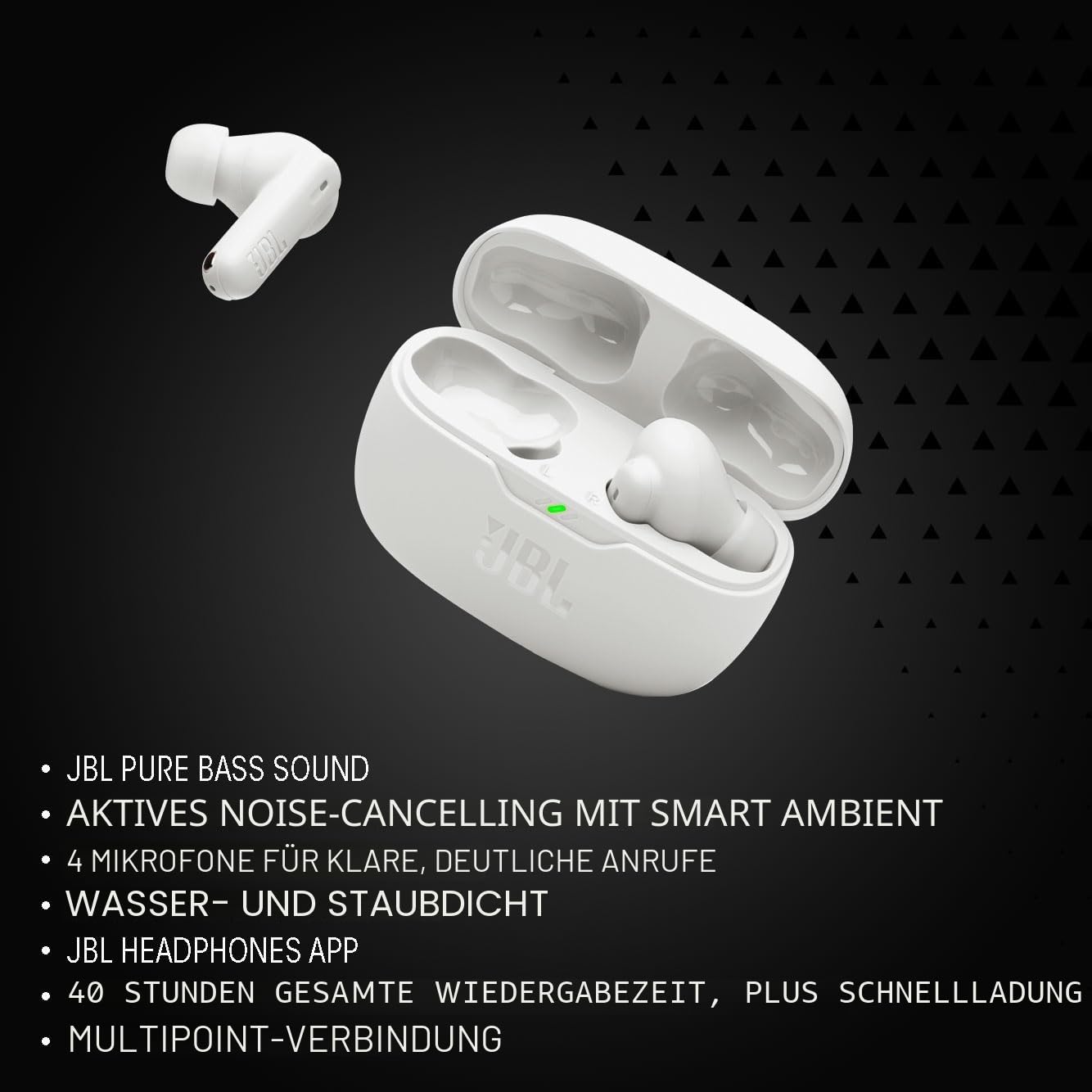 JBL Wave Beam 2, Kabellose Bluetooth-In-Ear-Kopfhörer mit Noise-Cancelling, 40 h Wiedergabezeit, JBL Pure Bass Sound, Smart-Ambient-Technologie und Multipoint-Verbindung, Schwarz