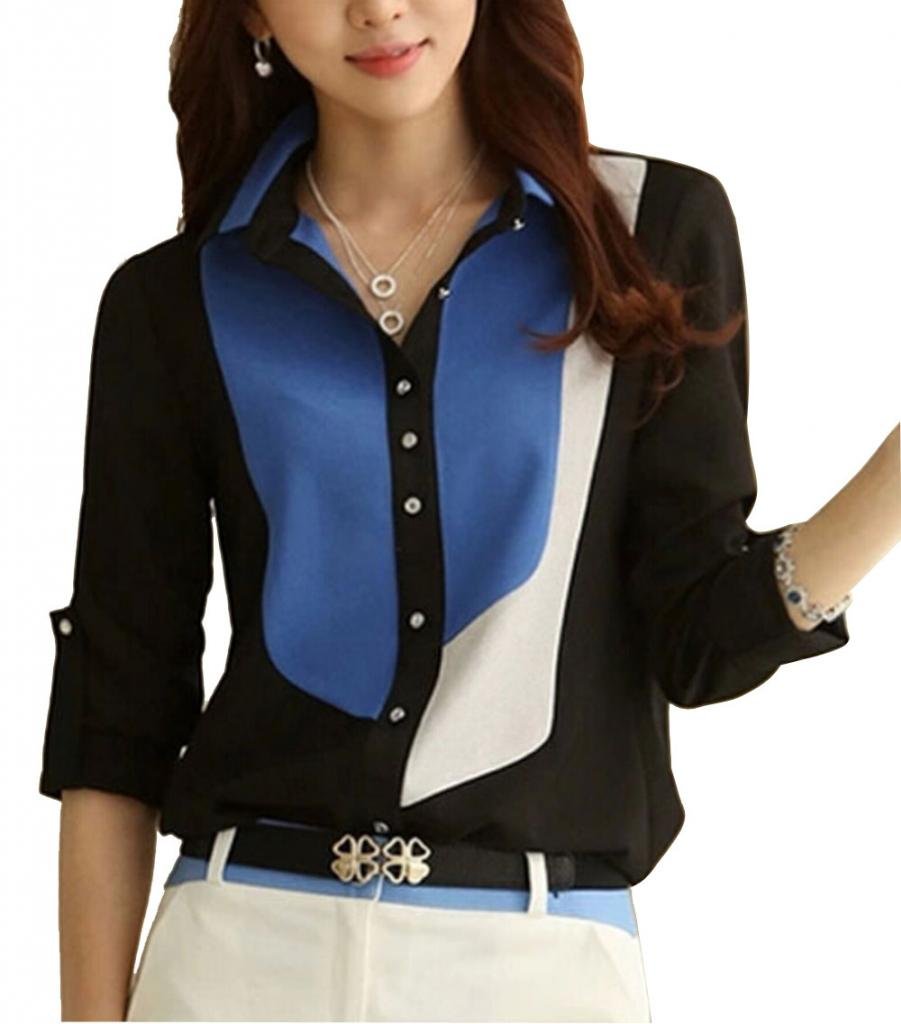 Double Plus Open DPO Women's Chiffon Long Sleeve Elegant OL Shirt Slim Printed Blouse