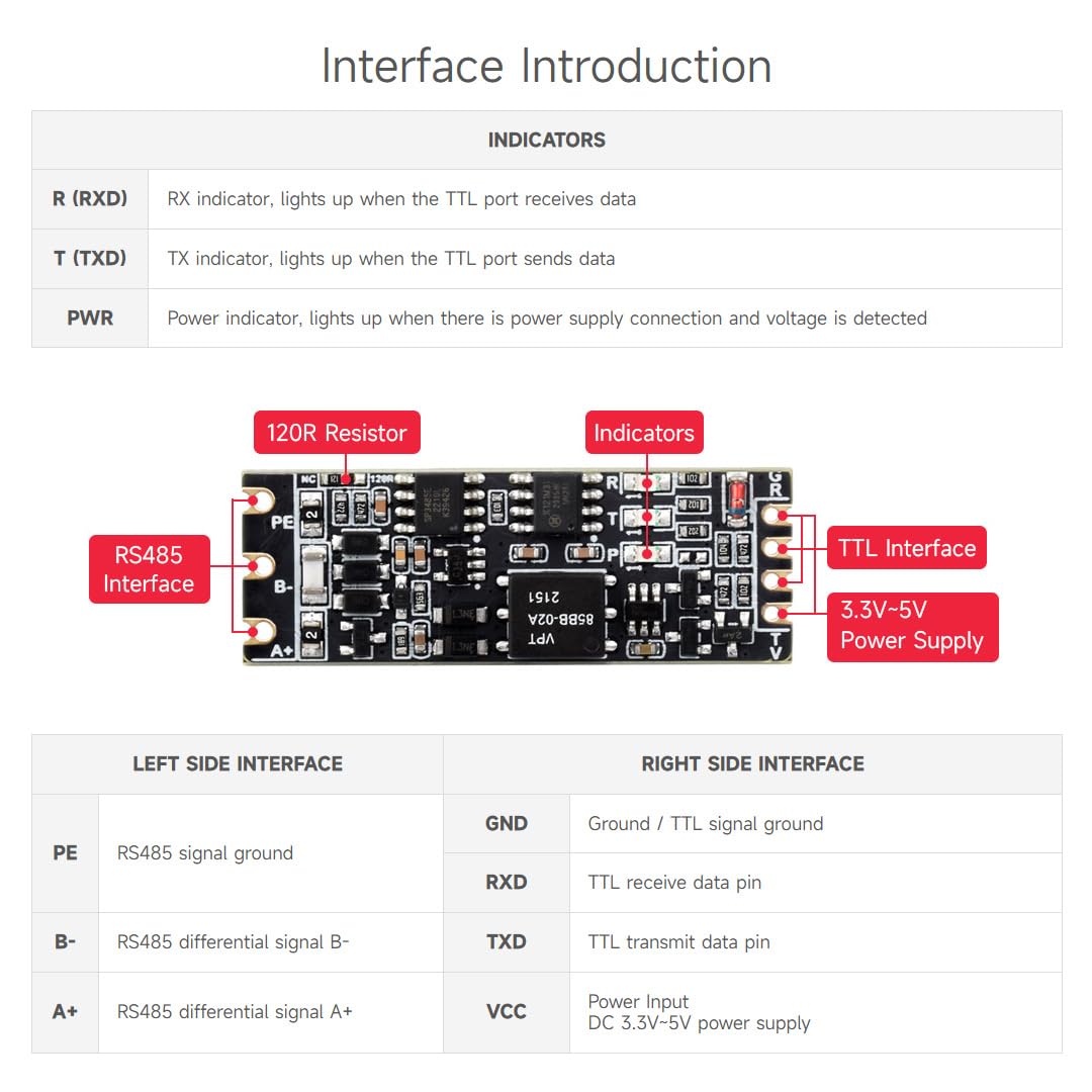 Waveshare TTL To RS485 (C) Galvanic Isolated Converter, Half-Duplex Communication, Lightningproof & Anti-Surge, Multi-Isolation Protection
