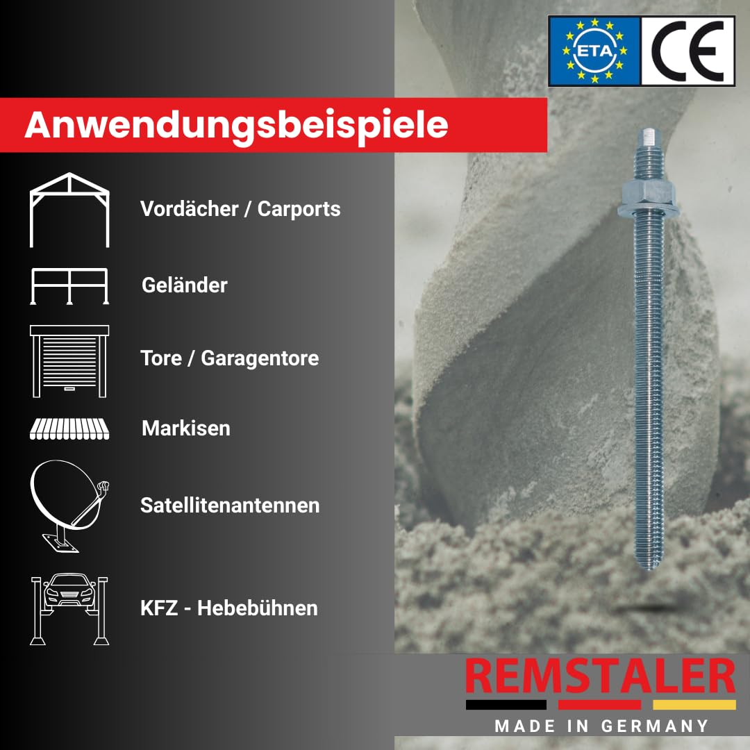 10x Remstaler ANKERSTANGE | M8 M10 M12 M16 M20 | Stahl verzinkt | -HÖCHSTE QUALITÄT- bester Preis (M16x300)