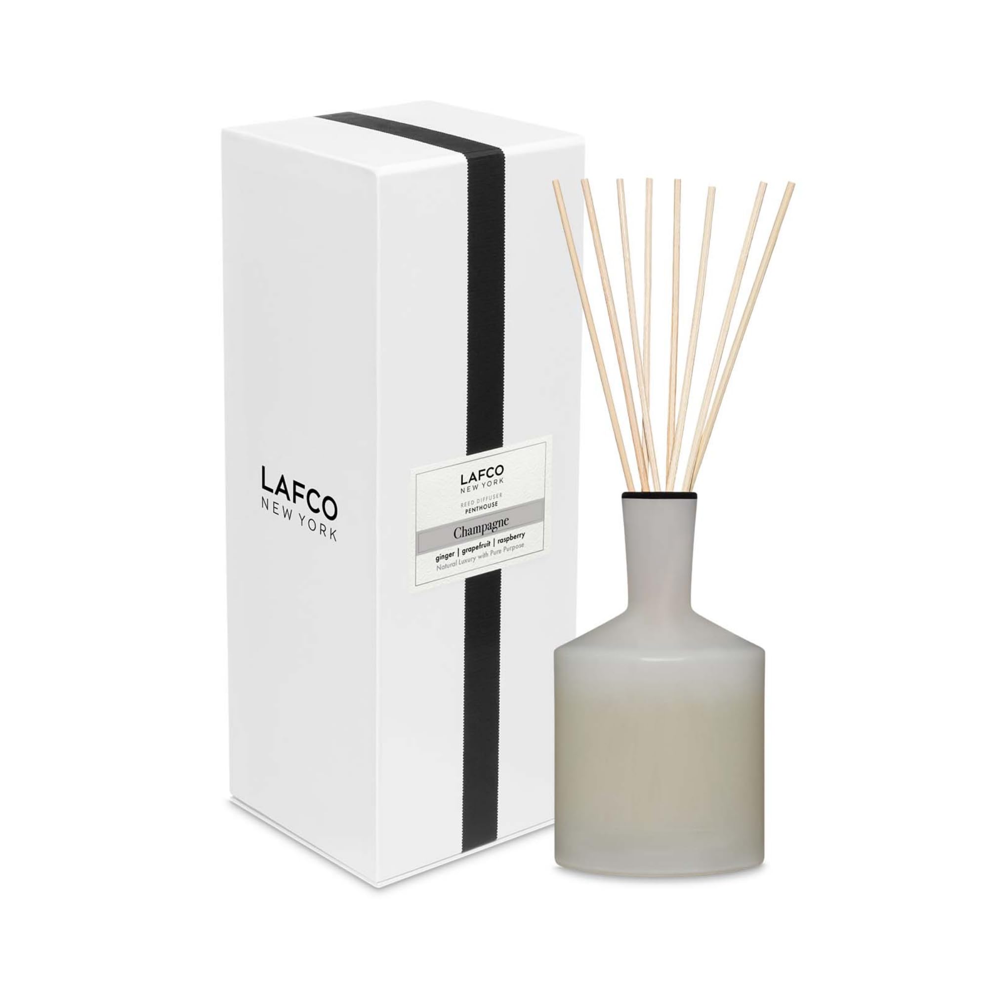 LAFCO New York Classic Reed Diffuser, Champagne - 6 oz - Up to 3 Months Fragrance Life - Reusable, Hand Blown Glass Vessel - Natural Wood Reeds - Made in The USA