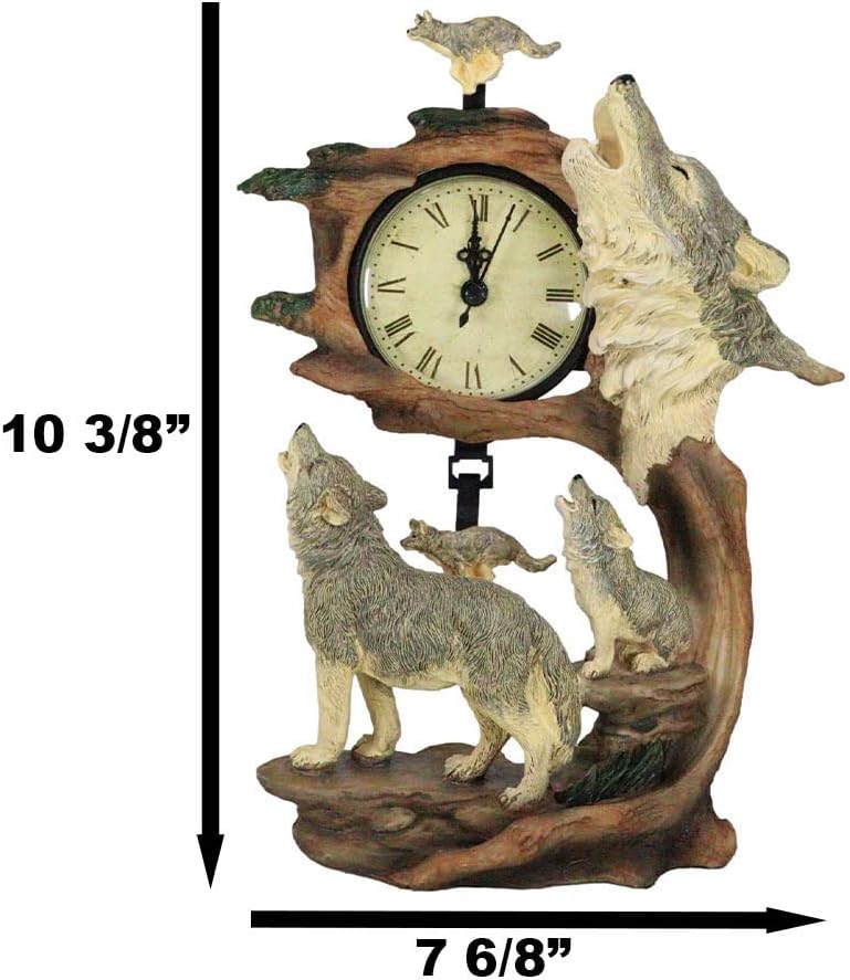 Ebros Moon Dancers Howling Gray Wolves Family Table Clock with Pendulum Alpha Wolf and Cub by Tree Forest Habitat Desktop Clocks Figurine