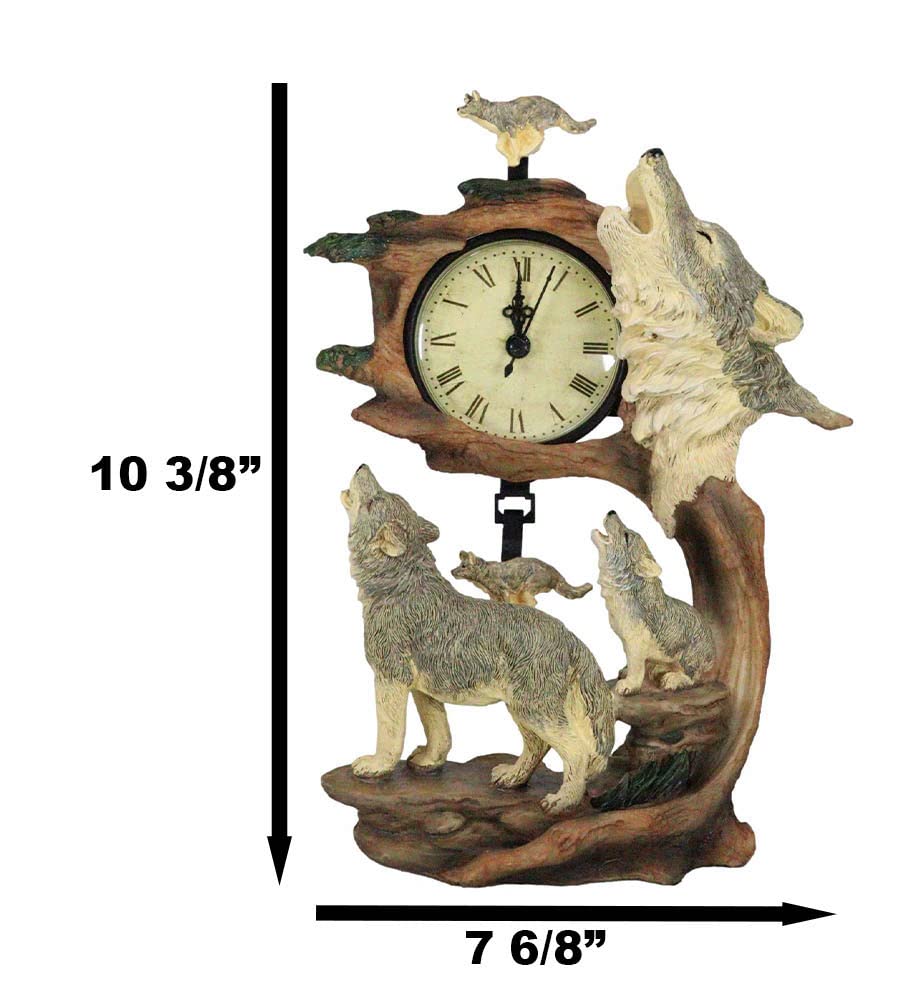 Ebros Moon Dancers Howling Gray Wolves Family Orologio da tavolo con pendolo alfa lupo e cucciolo di Tree Forest Habitat Orologio da tavolo Figurine