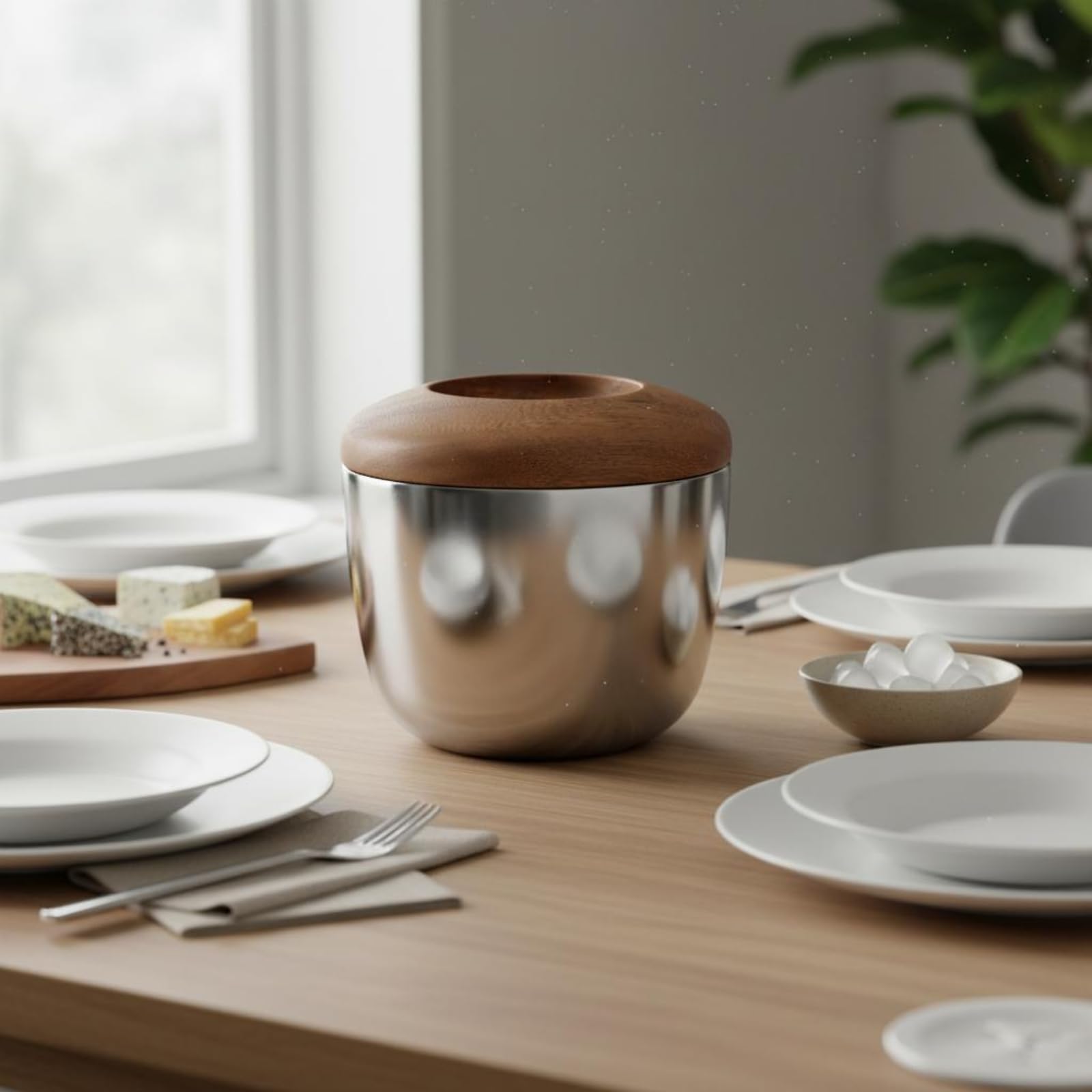 KESOTO Cubitera de Acero Inoxidable 304 con Tapa Cubo de Hielo con Pinzas Contenedor para Servicio de Bebidas Diseño Decorativo con Tapa de Aspecto Madera Adecuada para Barras Cenas Sala de Estar