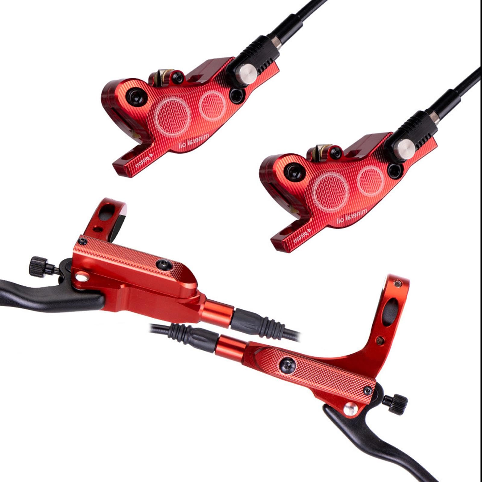 Aptliton Aluminium Alloy Disc Brake Set, 4-Piston Bicycle Hydraulic Disc Brake, Mountain Bike Hydraulic Brakes Set for Bicycle, Red