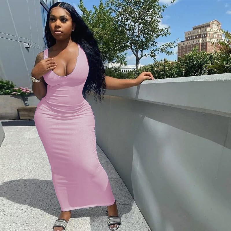 Image of Nimsruc Women Casual Sexy Deep U Neck Tank Top Bodycon Dress Summer Sleeveless Wrap Long Basic Party Club Maxi Dresses