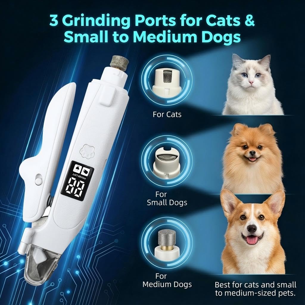 Coupe-ongles et broyeur 2 en 1 pour chat et chien avec lumière LED, coupe-griffes à faible bruit pour chiens et chats de grande, moyenne et petite, outil de toilettage rechargeable par USB avec