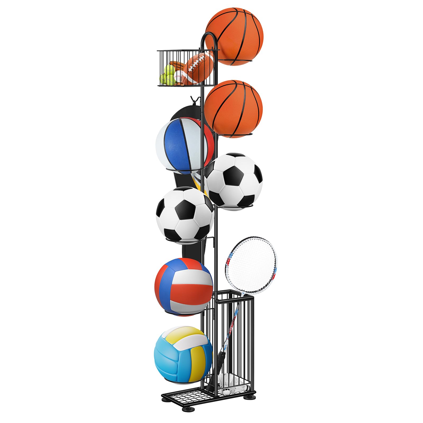 Smusei Soporte de bolas de metal, 7 niveles, soporte vertical para bolas con cestas y ganchos, sala y exterior, equipo deportivo, organizador para baloncesto, fútbol, voleibol