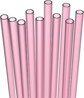 10 Long Reusable Hard Pink Plastic Drinking Straws, Medium Width + Sturdy Cleaning Brush - for Tumblers, Mason Jars, Milshakes and Smoothies - Dishwasher Safe BPA Free