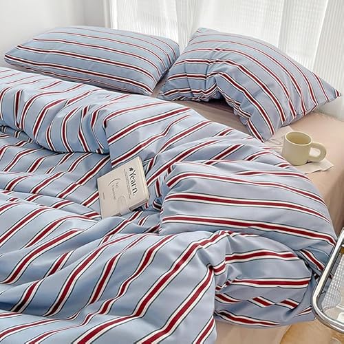 「§ｚｚ．ｌｕｘｉ」布団カバーセット シングル 3点セット ins ストライプ シンプル 寝具カバー 洋式・和式兼用 ベッドカバー 掛け布団カバー 韓国 ボックスシーツ 枕カバー シーツカバー 肌に優しい ピーチスキン加工 北欧風 オールシーズン（レッドブルー シングル 3点セット）