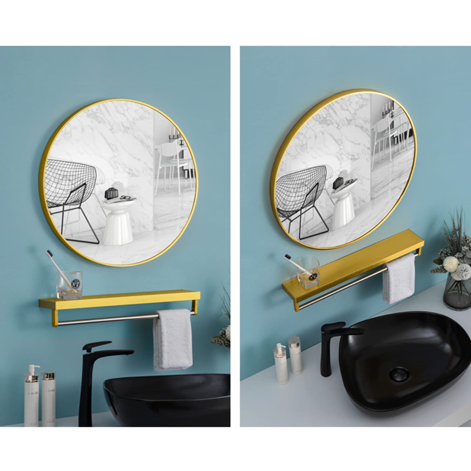 Okrągłe metalowe lustro łazienkowe z półką, dekoracyjne lustro ścienne do wystroju domu, dostępne w rozmiarach 30/40/50/60/70 cm, stylowy i funkcjonalny element akcentujący