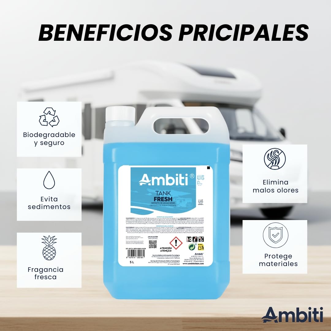 Ambiti | Tank Fresh | Aditivo para Depósito Aguas Grises | Elimina Olores y Sedimentos en Duchas, Fregaderos y Desagües de Autocaravanas y Campers | Fragancia Piña Colada (5L)