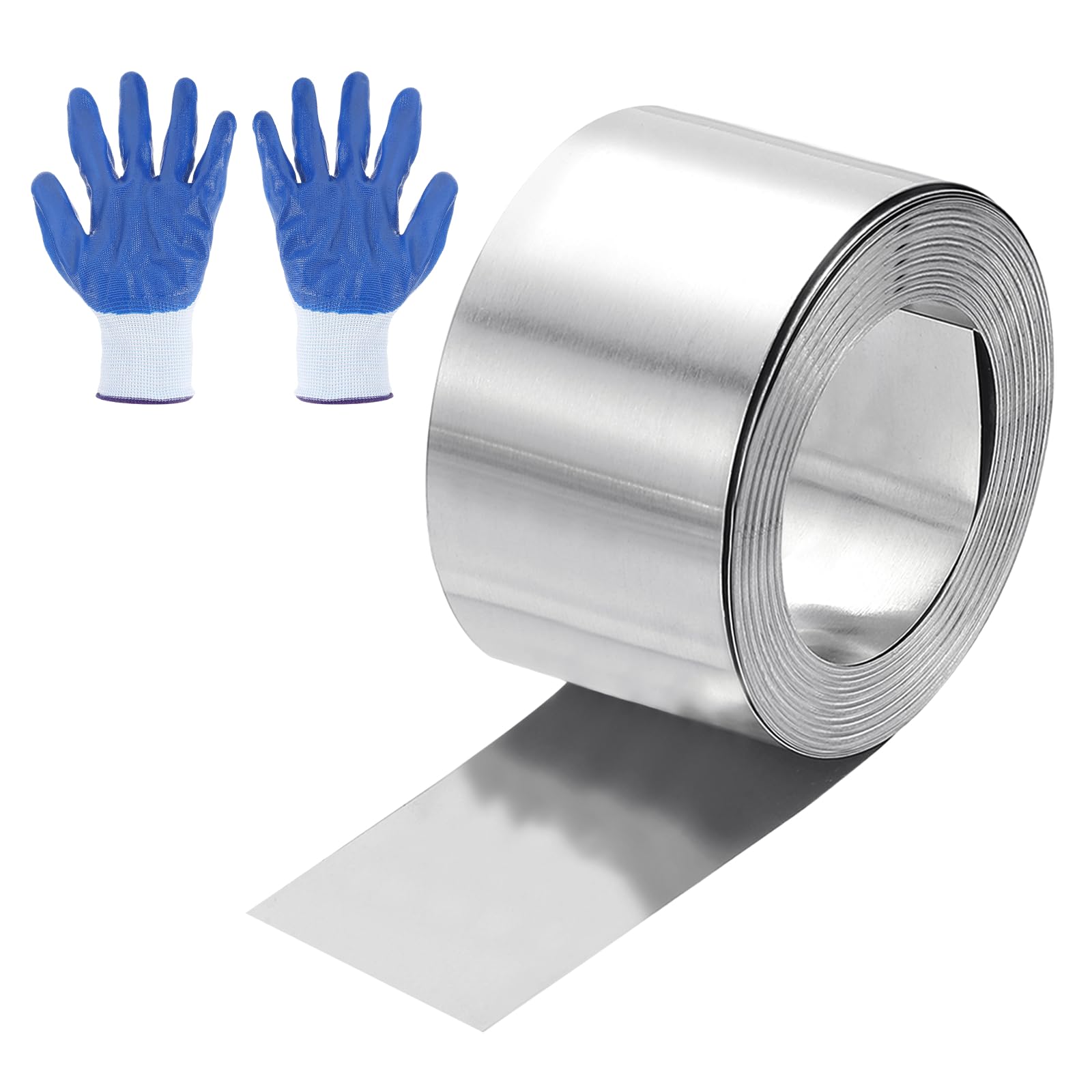 sourcing map 118" x 0.8" Aluminum Flashing Roll, 1060 Aluminum Roof Panels 0.3mm Thickness Metal Roofing Strip with Nitrile Gloves for DIY Roofing Repair, Craft Metal Sheet, Silver