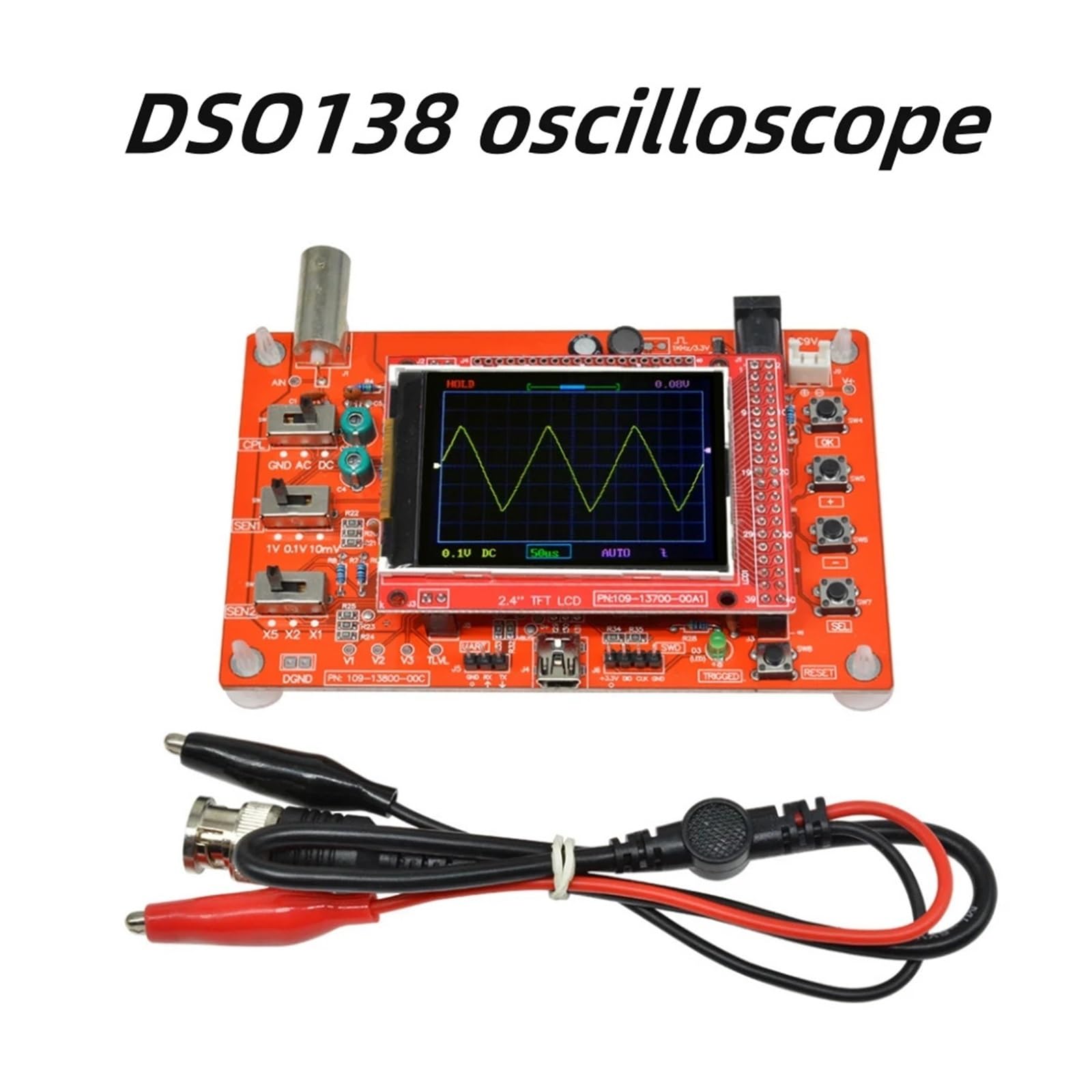 DS0138 Digitales Oszilloskop, 2,4 Zoll TFT mit LCD-Display, Sonden-Testclip, komplett montiert for DIY-Messgerät
