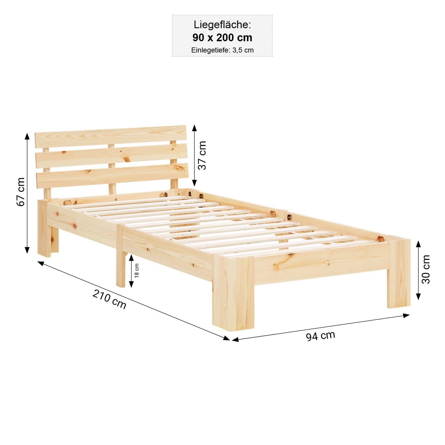 Homestyle4u Bett 90x200 mit Lattenrost Holz Kiefer Natur Holzbett 90x200 Einzelbett 90 x 200 cm Massivholzbett Bettgestell